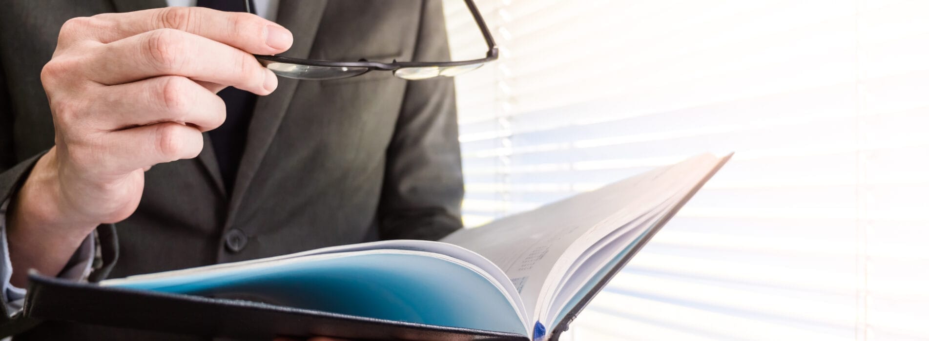 Close up of businessman reading notebook while standing at a window in an office
