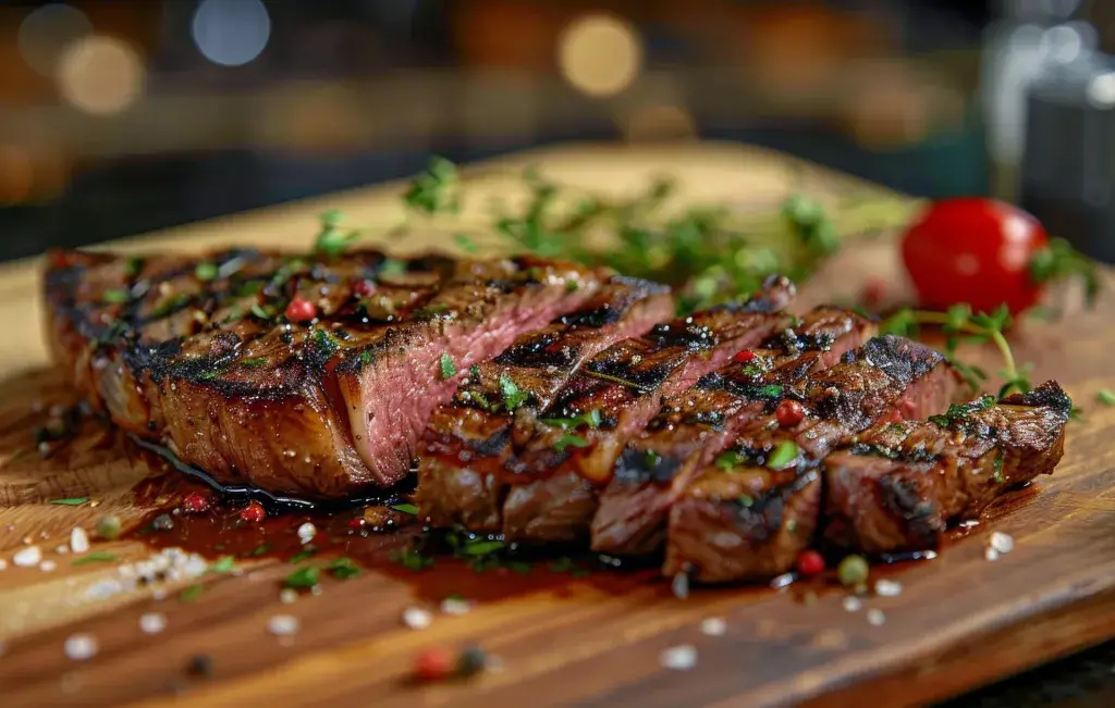 Closeup of Seared and Sliced Steak With Rosemary and Peppercorns